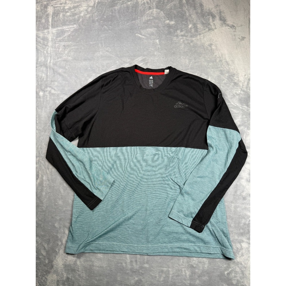 Adidas Climalite Shirt Mens XL Black Teal Athletic Fit Crew Neck Long Sleeve